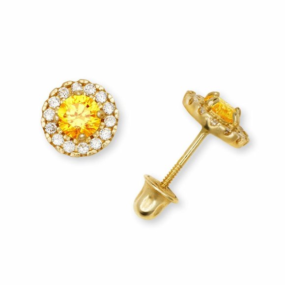 Solid 14K Yellow Gold Halo Birthstone Stud Screw Back Earrings w/ Sparkly Stones - Picture 11 of 12